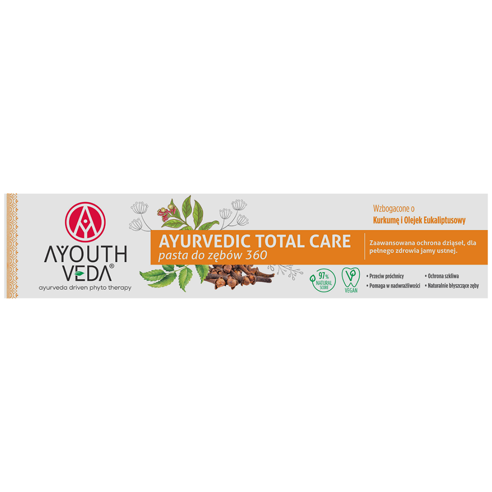 Ayuthveda Ayurvedic Total Care, pasta do zębów 360 z kurkumą i olejkiem eukaliptusowym, 100 g