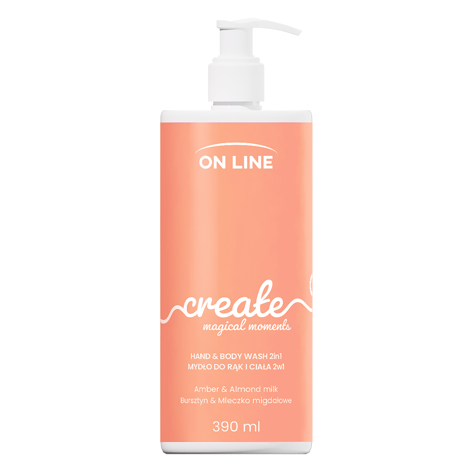 On Line Create, mydło w płynie do rąk i ciała 2w1, bursztyn i mleczko migdałowe, 390 ml