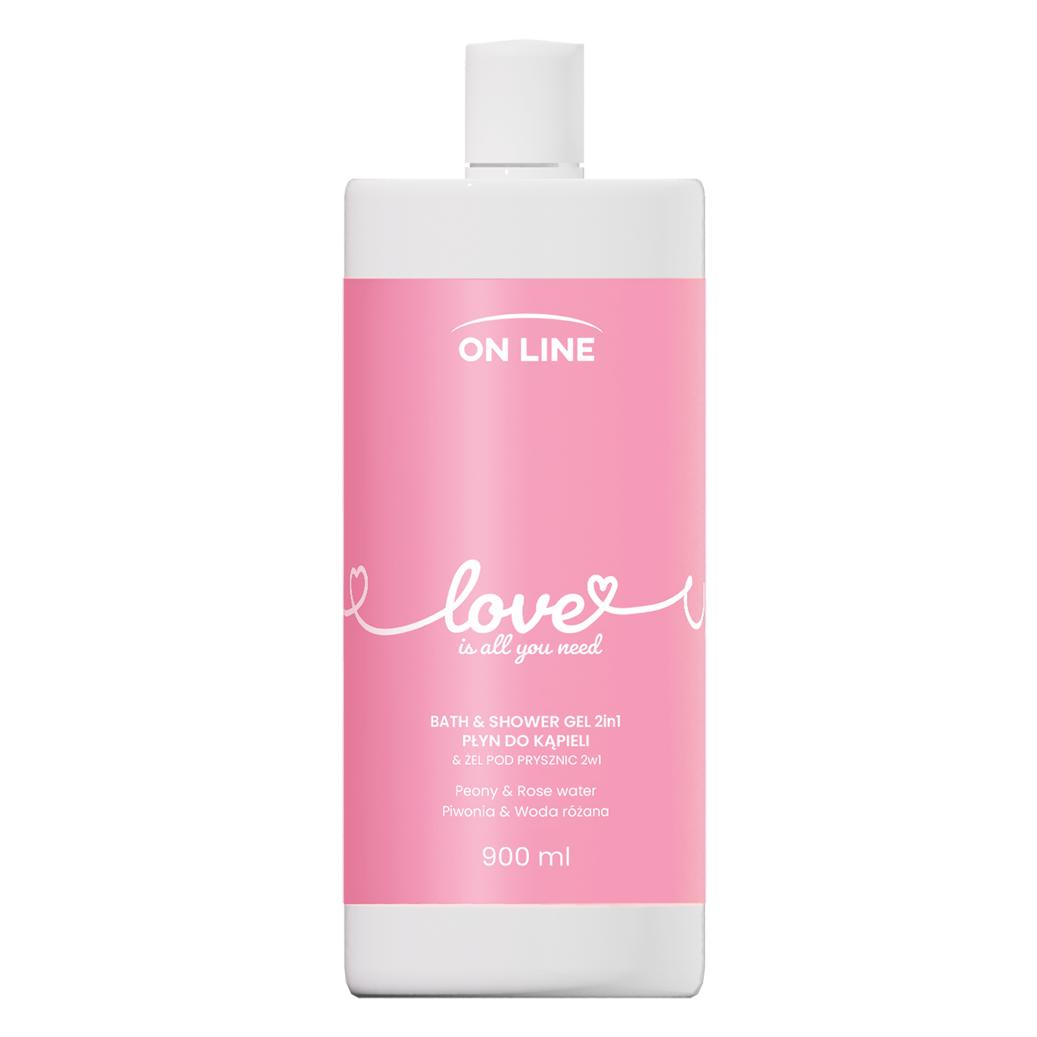 On Line Love, płyn do kąpieli i żel pod prysznic 2w1, piwonia i woda różana, 900 ml