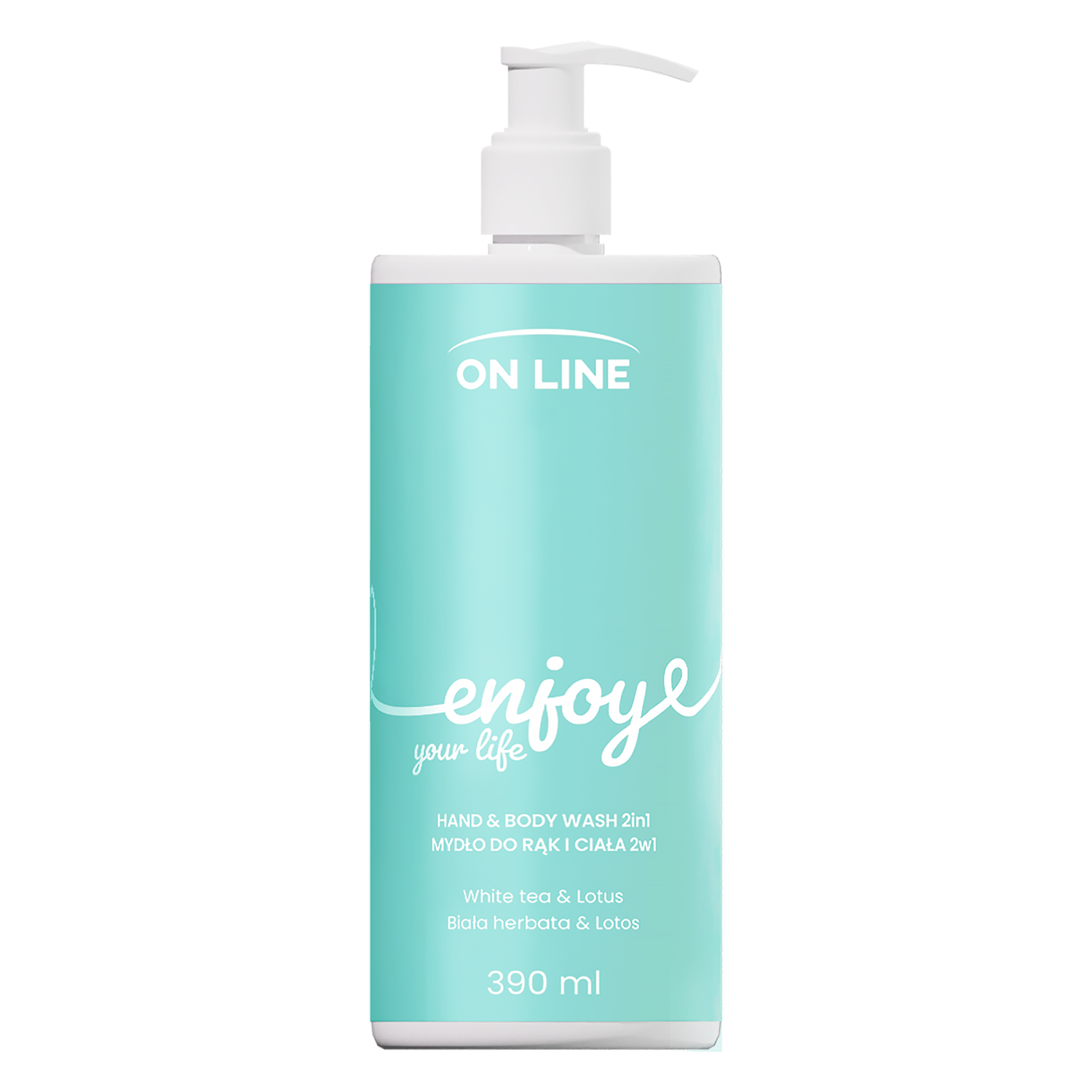 On Line Enjoy, mydło w płynie do rąk i ciała 2w1, biała herbata i lotos, 390 ml