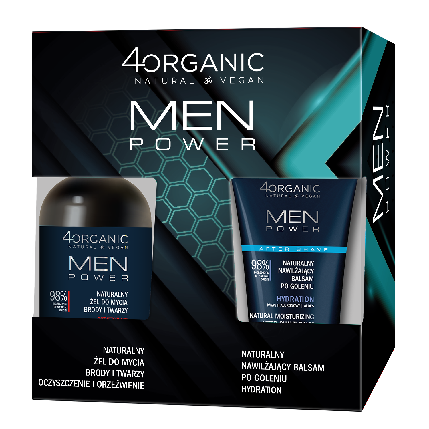 Zestaw 4Organic Men Power, żel do mycia brody i twarzy, 200 ml + nawilżający balsam po goleniu, Sensitive, 150 ml