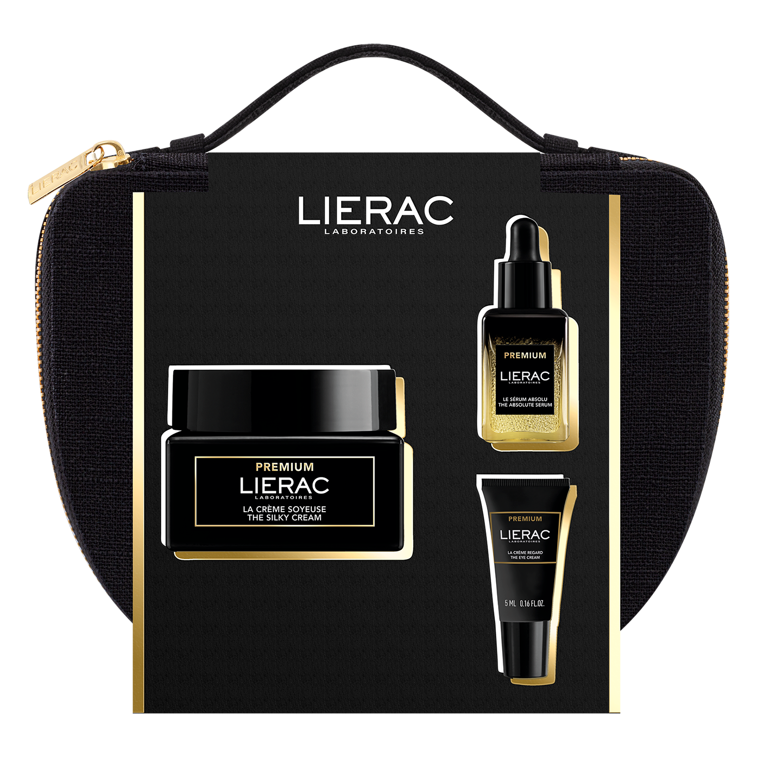Zestaw Lierac Premium, krem jedwabisty, 50 ml + serum odmładzające, 13 ml + krem pod oczy, 5 ml + kosmetyczka w prezencie