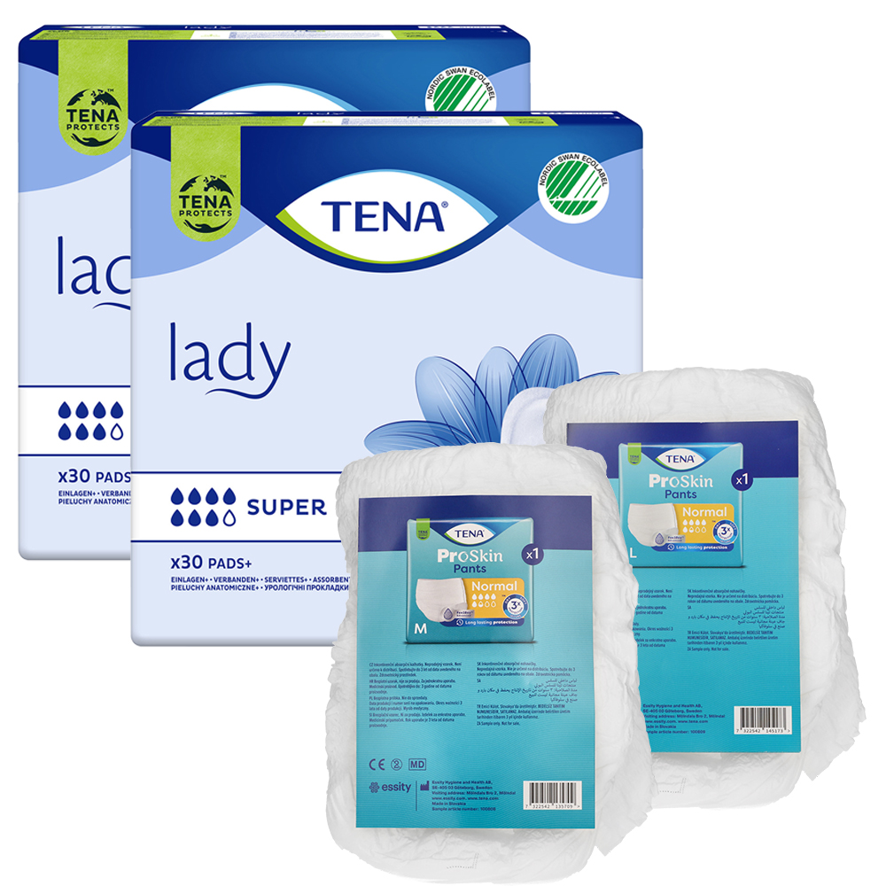 Zestaw Tena Lady, podpaski specjalistyczne, Super, 2 x 30 sztuk + ProSkin Pants Normal majtki chłonne, rozmiar M i L, 2 próbki