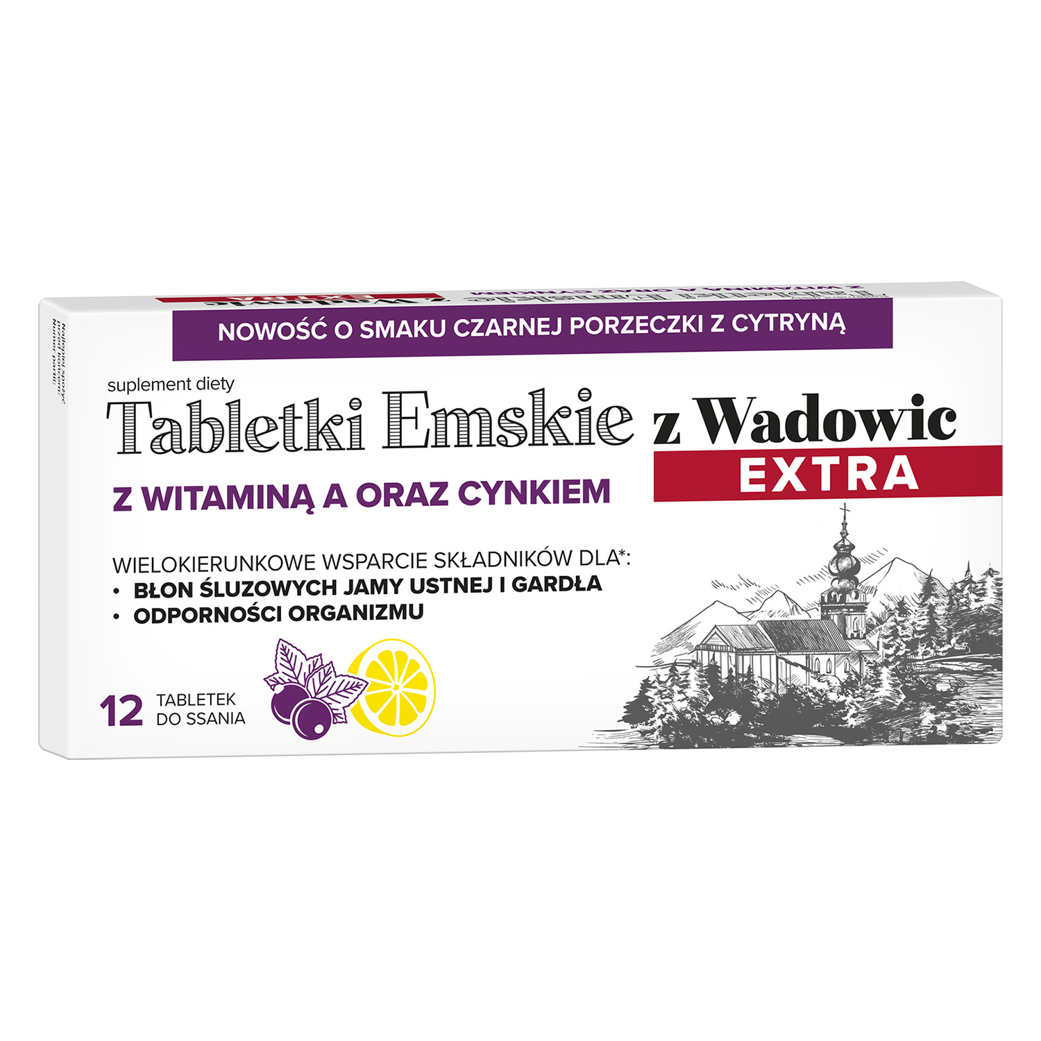 Tabletki Emskie z Wadowic Extra z witaminą A oraz cynkiem, od 6 lat, smak czarna porzeczka z cytryną, 12 tabletek do ssania
