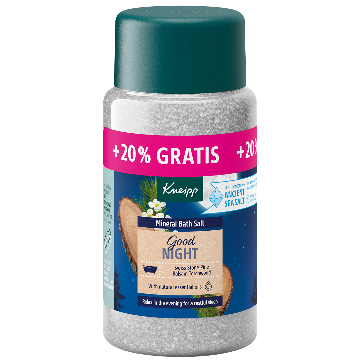 Kneipp Good Night Szwajcarska Pinia i Amyris, kryształki do kąpieli z soli mineralnej, 600 g