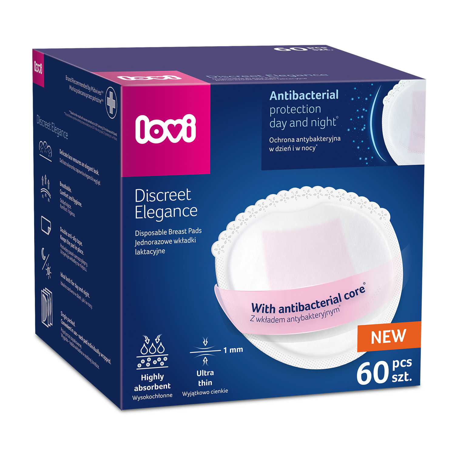 Lovi Discreet Elegance, wkładki laktacyjne, antybakteryjne, białe, 60 sztuk