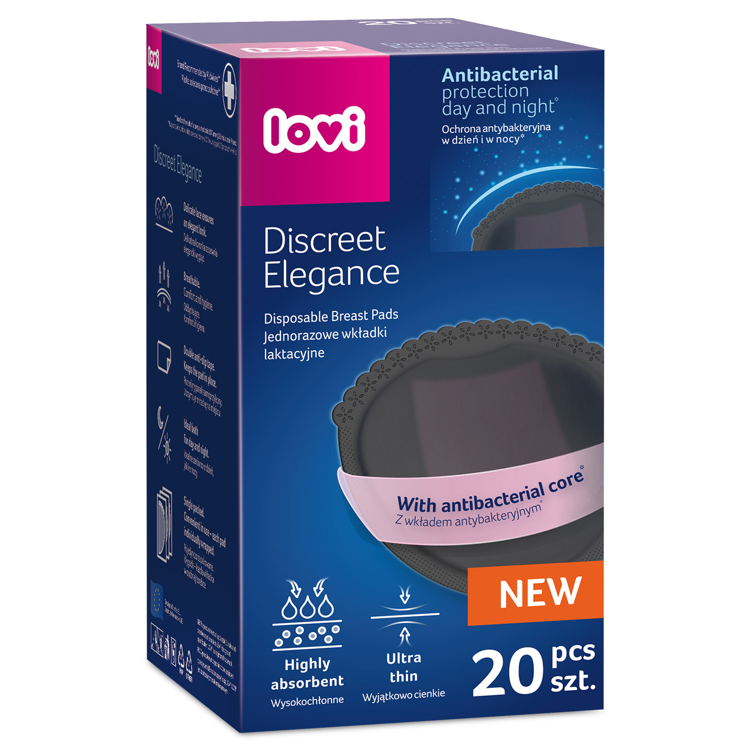 Lovi Discreet Elegance wkładki laktacyjne antybakteryjne czarne 20 sztuk