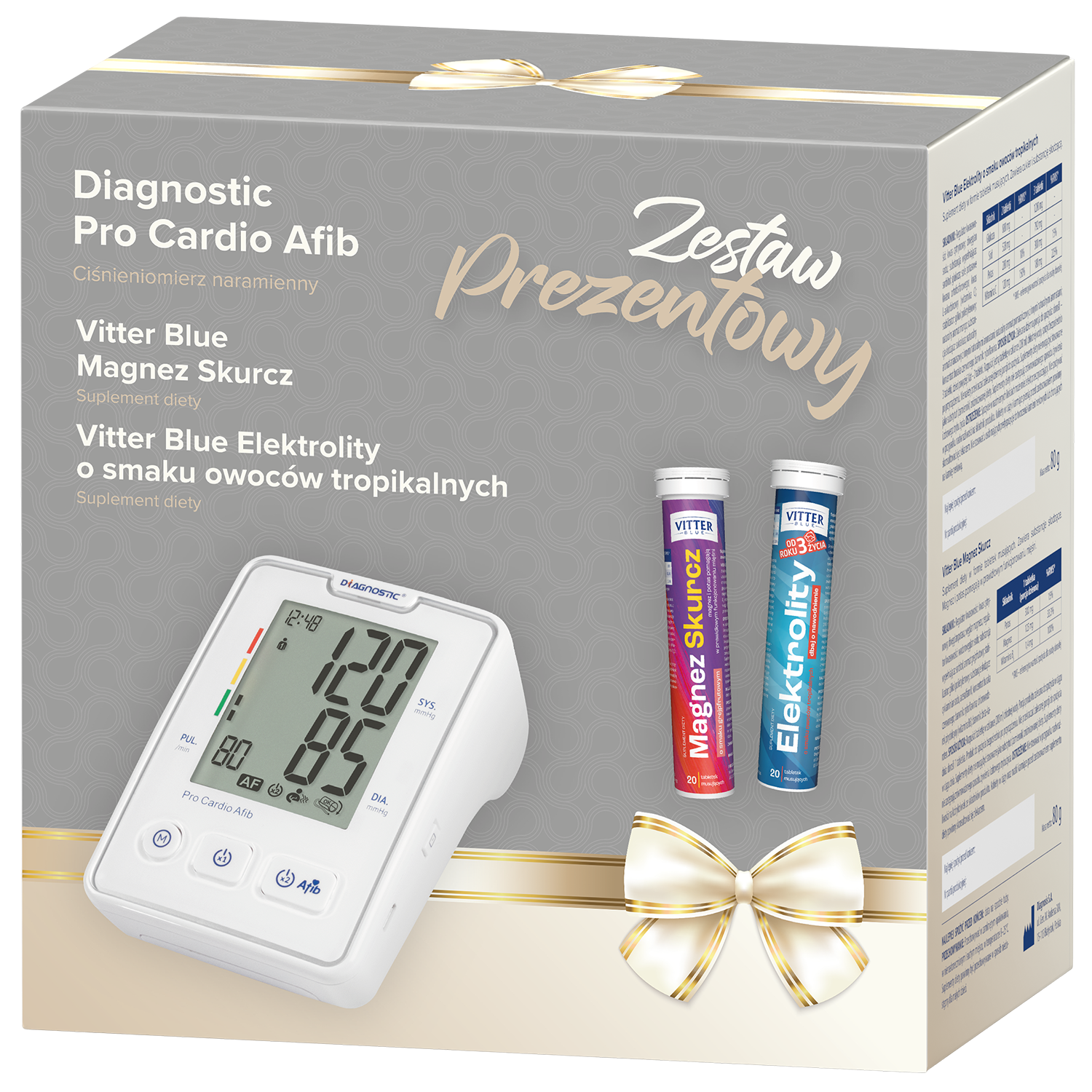 Zestaw Diagnostic, Pro Cardio Afib, automatyczny ciśnieniomierz naramienny + Vitter Blue Magnez Skurcz, 20 tabletek musujących + Vitter Blue Elektrolity, 20 tabletek musujących