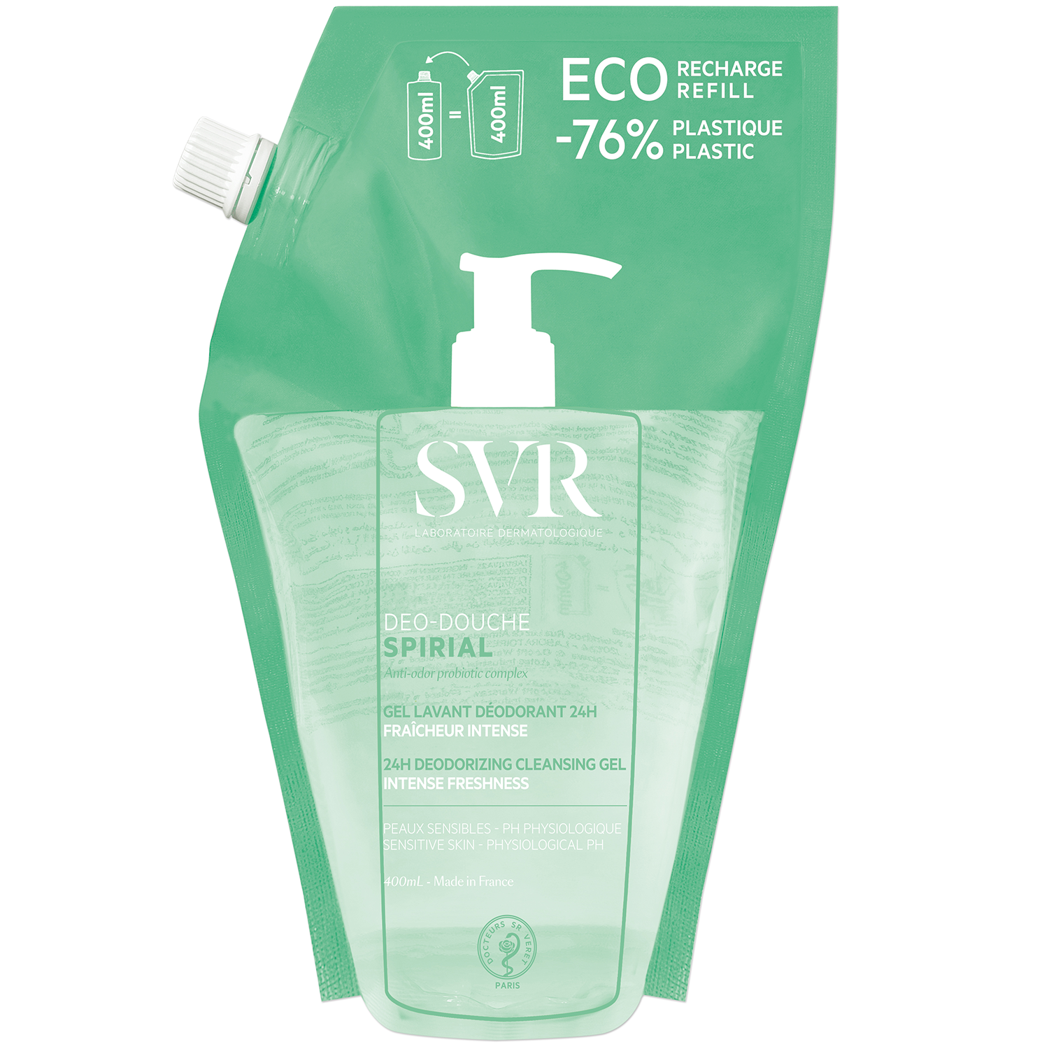 SVR Spirial Deo-Douche, dezodorujący żel do mycia ciała, zapas, 400 ml