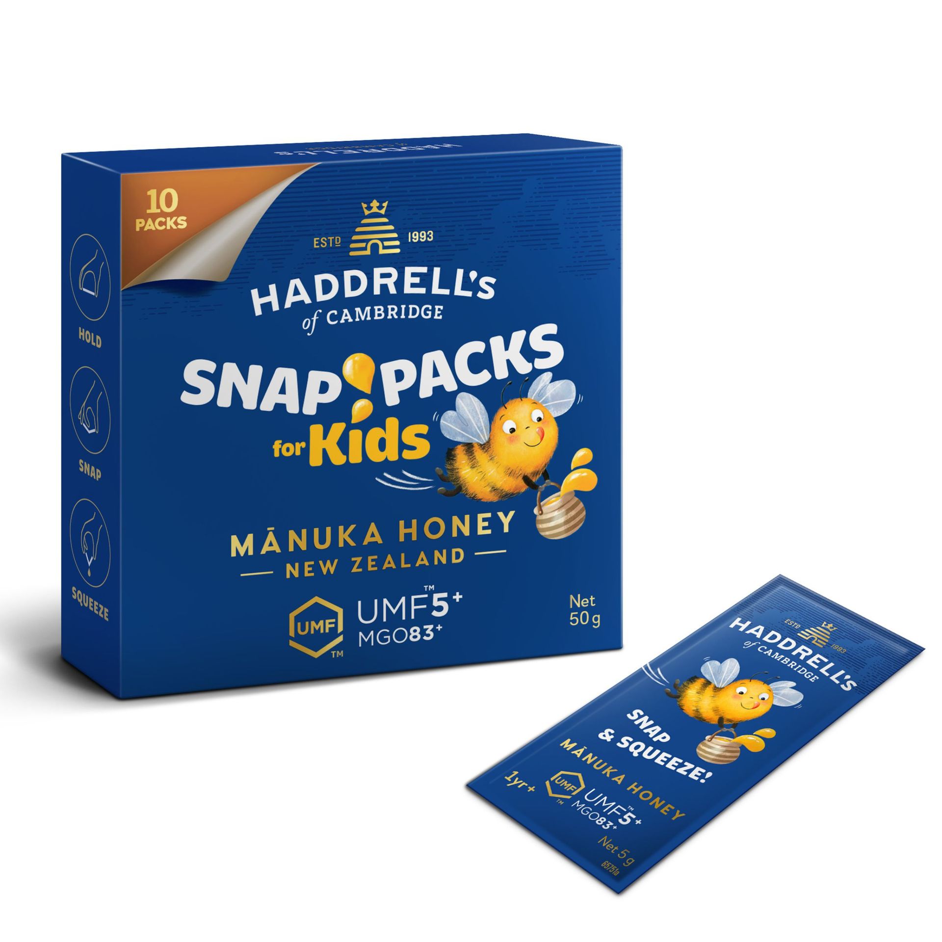Haddrell's Manuka Snap Pack Kids, saszetki z miodem Manuka UMF 5+ MGO 83+, 10 x 5 g