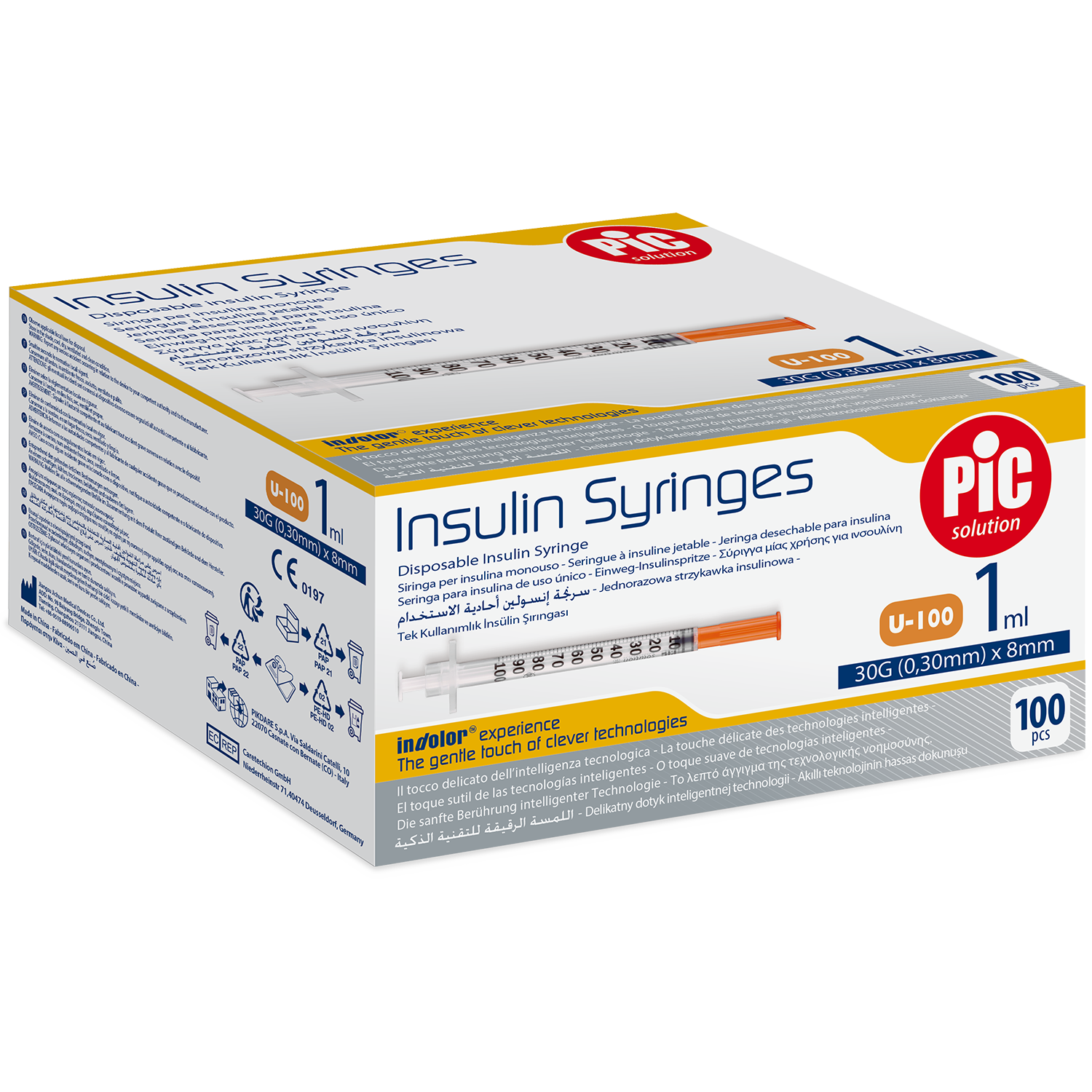 Pic Solution Insulin Syringes, strzykawka insulinowa 1 ml z igłą 30G (0,30 mm) x 8 mm, 100 sztuk