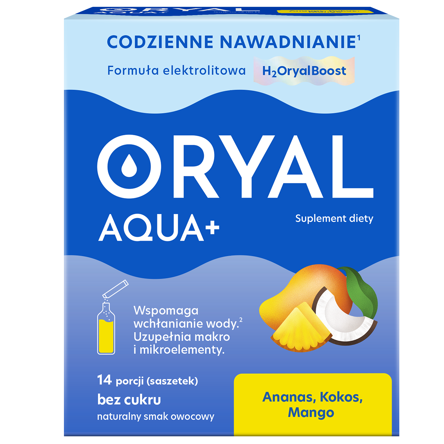 Oryal Aqua+ Ananas, Kokos, Mango, bez cukru, 14 saszetek