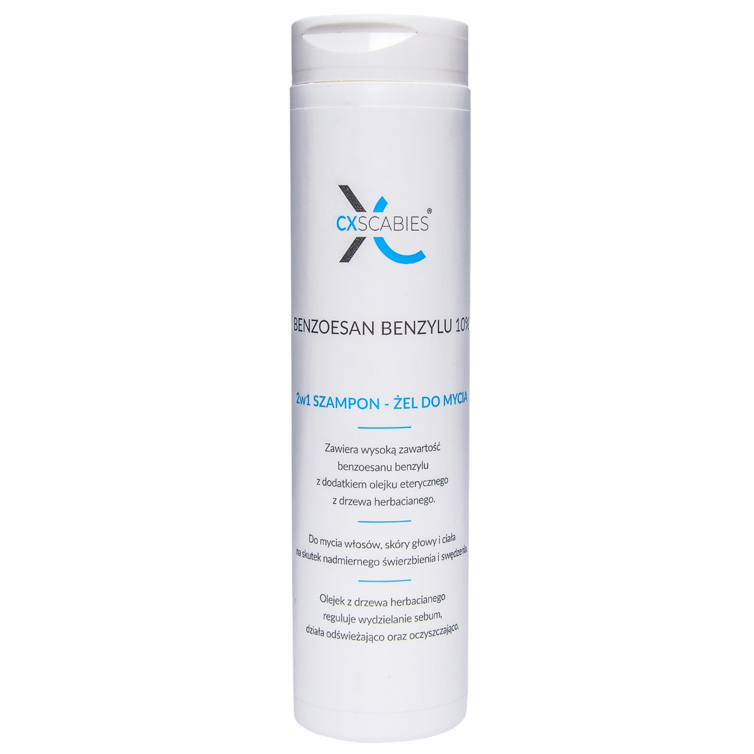 CxScabies Benzoesan Benzylu 10%, szampon-żel do mycia 2w1, do skóry ze świerzbem i świądem, 200 ml