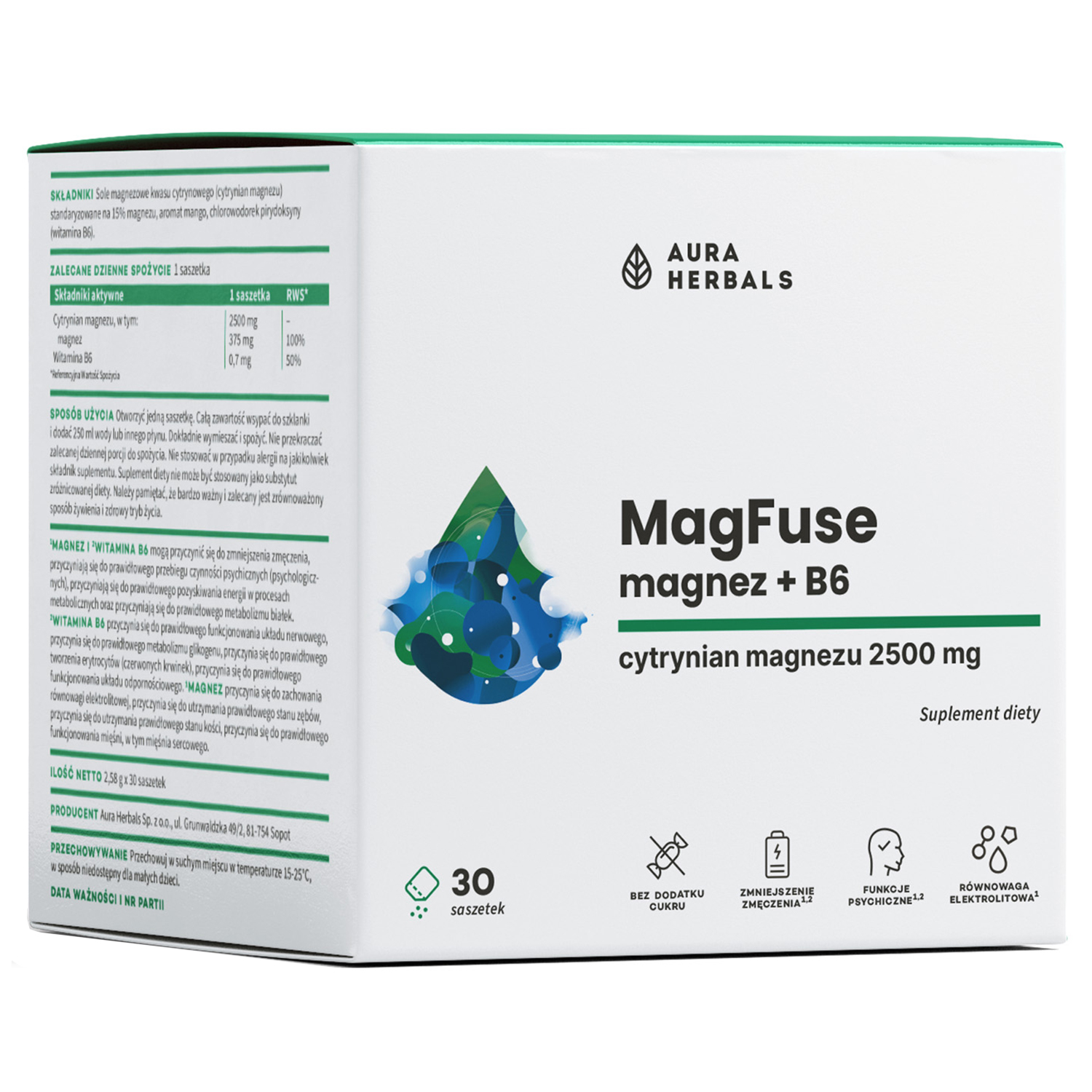 Aura Herbals MagFuse, magnez + B6, 30 saszetek
