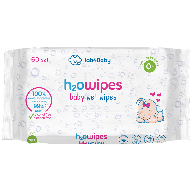 Lab4baby H2O Wipes Baby, chusteczki nawilżane wodą, od urodzenia, 60 sztuk