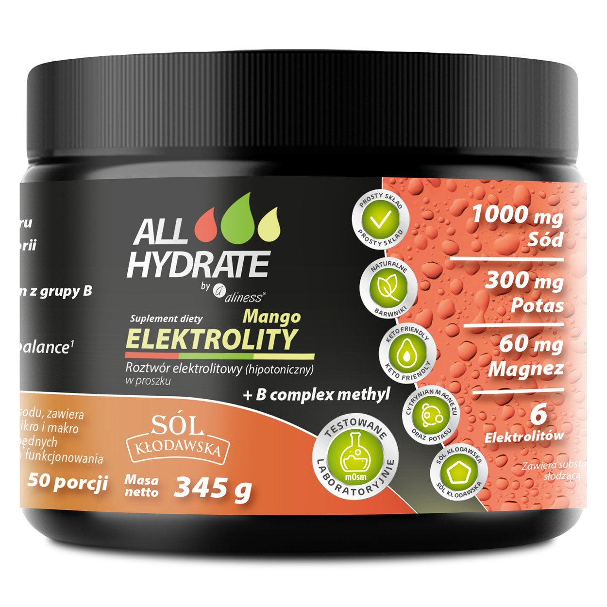 ALLHydrate Elektrolity + B Complex methyl, smak mango, 345 g