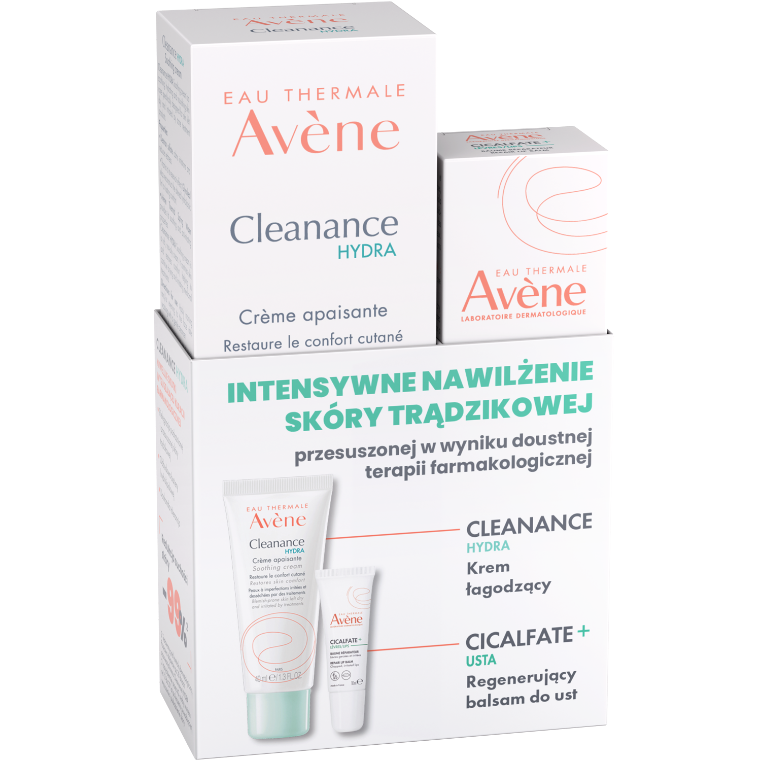 Zestaw Avene Cleanance Hydra krem łagodzący, 40 ml + Cicalfate+, regenerujący balsam do ust, 10 ml