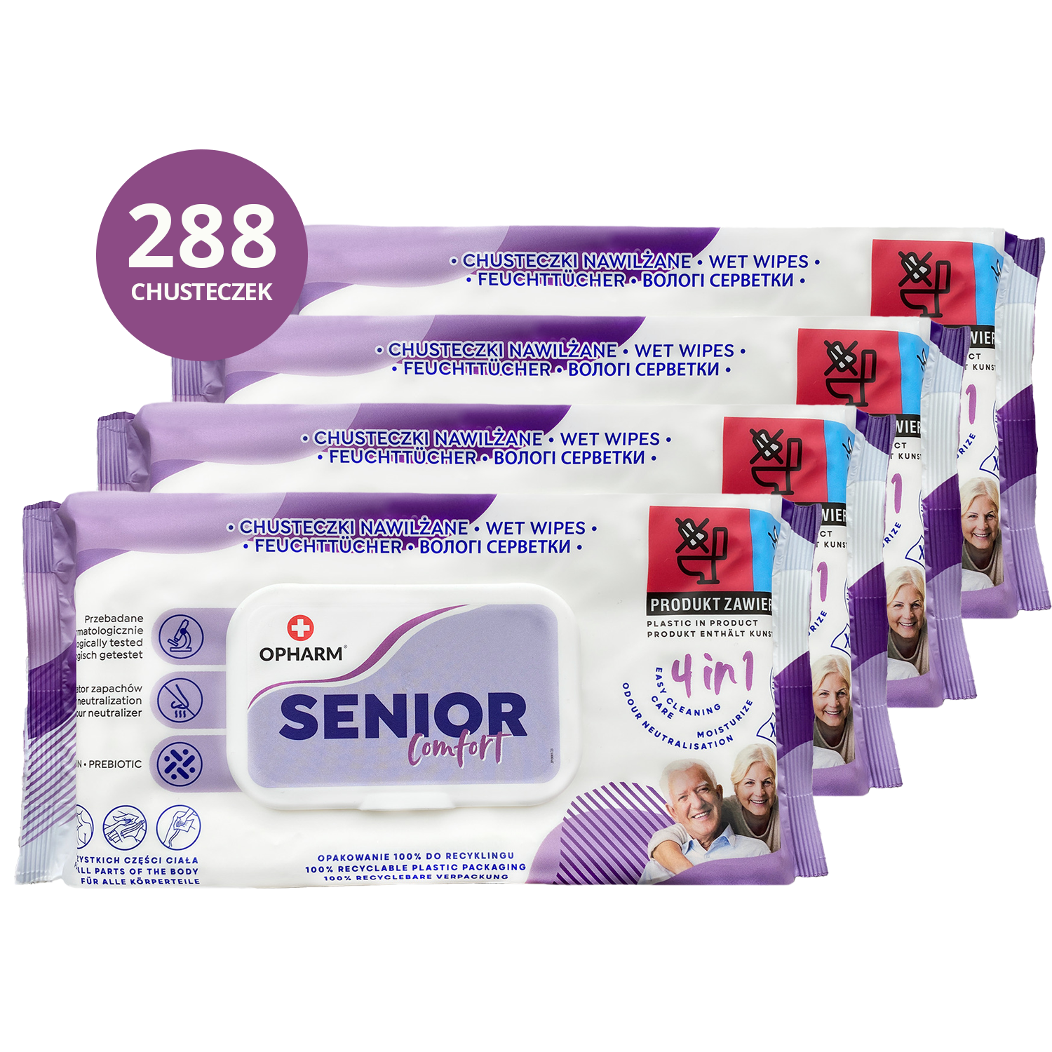 Zestaw Opharm Senior Comfort 4w1, chusteczki nawilżane, 4 x 72 sztuki