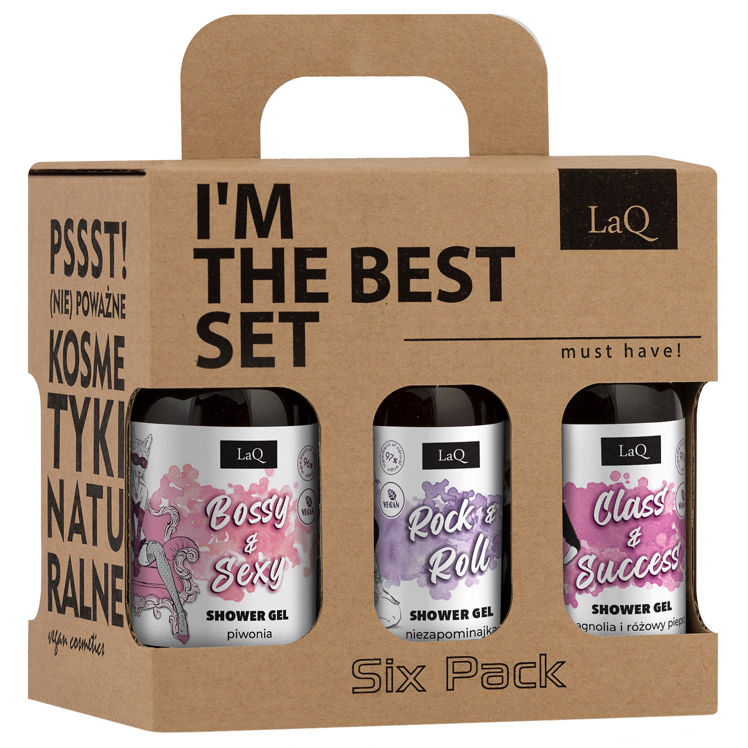 Zestaw LaQ Czyściopak Damski Mini, żel pod prysznic, Bossy & Sexy, 2 x 100 ml + Rock & Roll, 2 x 100 ml + Class & Success, 2 x 100 ml