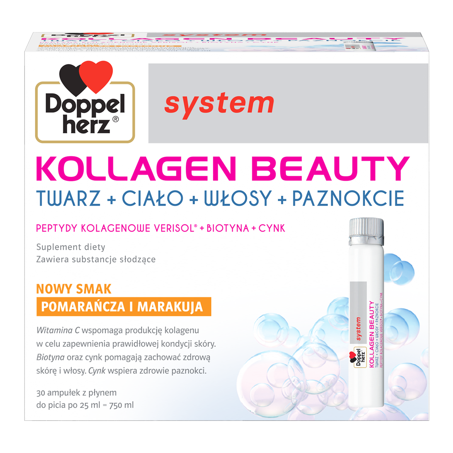 Doppelherz System Kollagen Beauty, smak pomarańcza i marakuja, 25 ml x 30 ampułek
