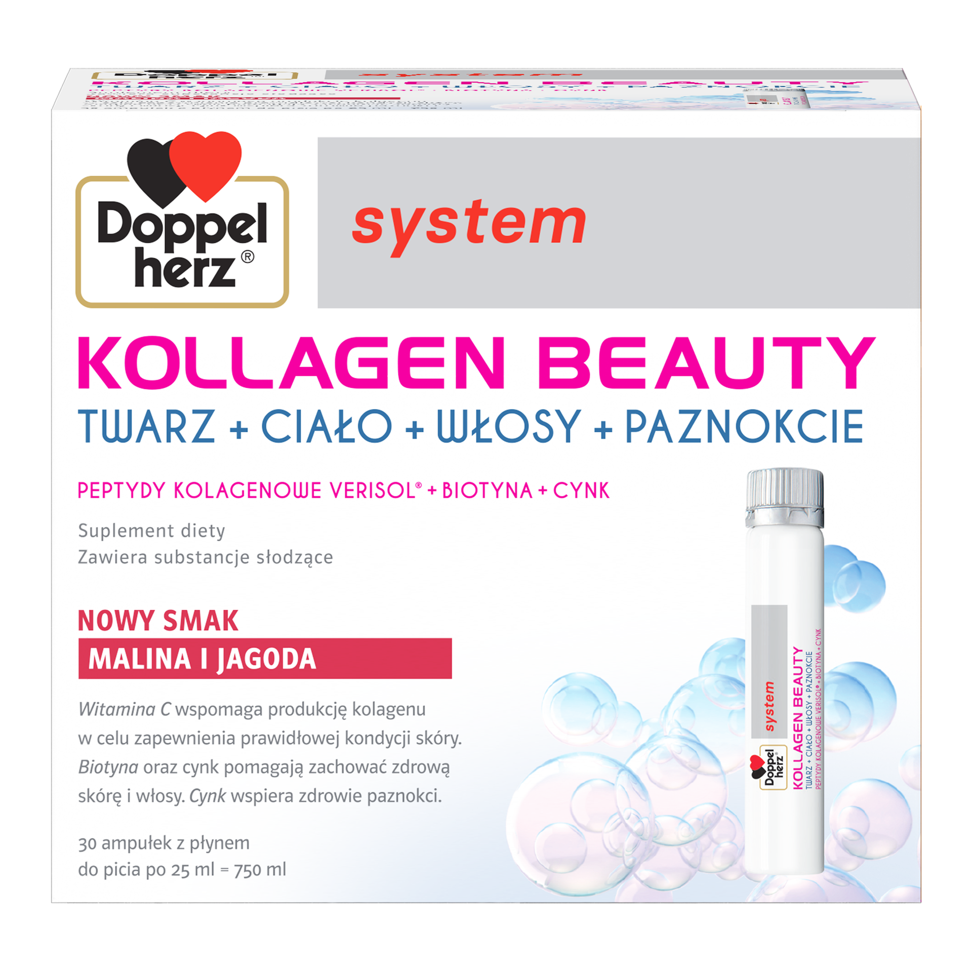 Doppelherz System Kollagen Beauty, smak malina i jagoda, 25 ml x 30 ampułek