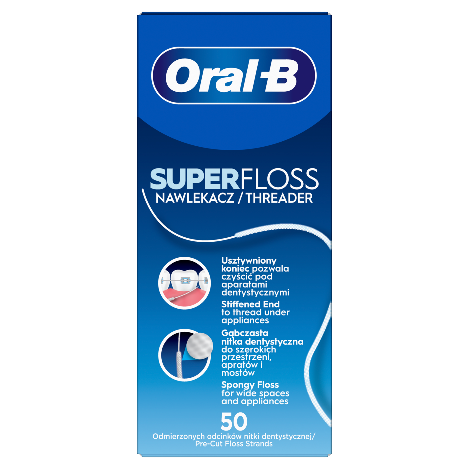 Oral-B Super Floss, nić dentystyczna do czyszczenia aparatów ortodontycznych i mostów, 50 sztuk
