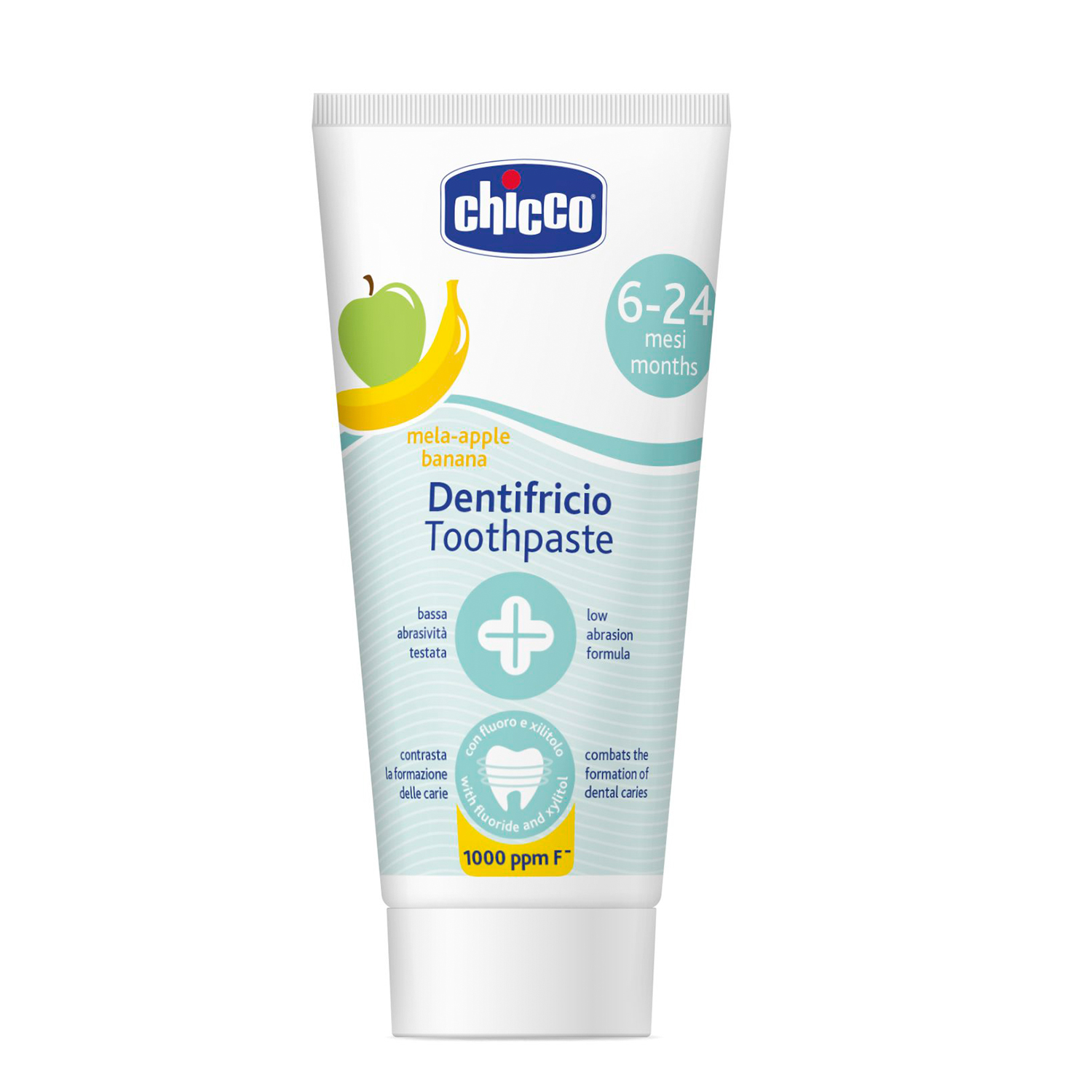 Chicco, pasta do zębów dla dzieci, po 6 miesiącu, smak jabłkowo-bananowy, z fluorem, 50 ml