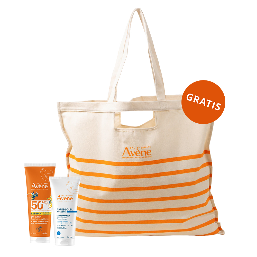 Zestaw Avene Sun, bardzo wysoka ochrona przeciwsłoneczna, mleczko dla dzieci, SPF 50+, 250 ml + balsam po opalaniu, dla dorosłych i dzieci od 2 lat, 200 ml + torba plażowa gratis