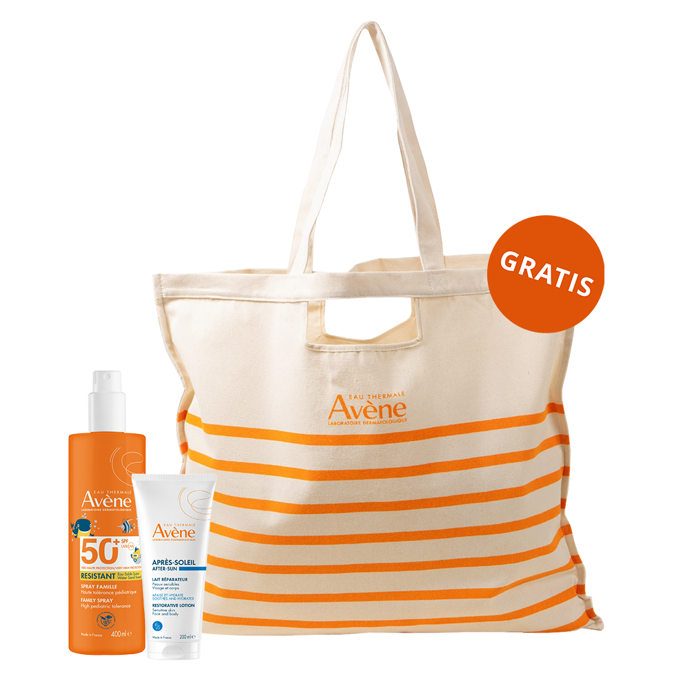 Zestaw Avene Sun, bardzo wysoka ochrona przeciwsłoneczna, spray dla rodziny, SPF 50+, 400 ml + balsam po opalaniu, dla dorosłych i dzieci od 2 lat, 200 ml + torba plażowa gratis