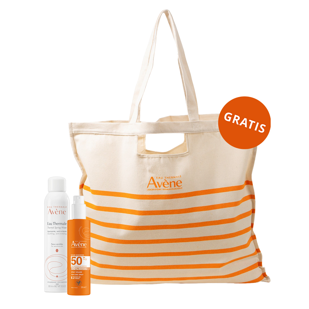 Zestaw Avene Sun, bardzo wysoka ochrona przeciwsłoneczna, spray, SPF 50+, 200 ml + woda termalna do pielęgnacji twarzy i ciała, 300 ml + torba plażowa gratis