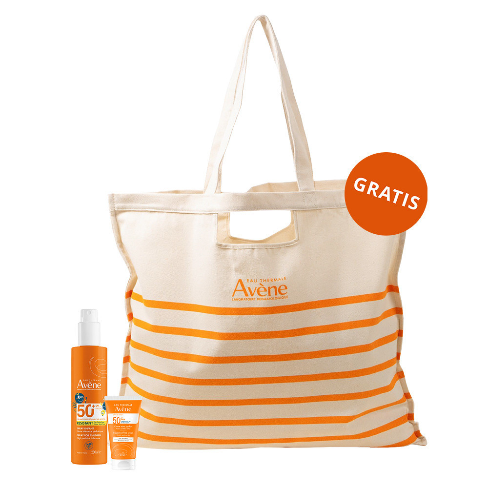 Zestaw Avene Sun, bardzo wysoka ochrona przeciwsłoneczna, spray dla dzieci, SPF 50+, 200 ml + krem ochronny do twarzy, bezzapachowy, SPF 50+, 50 ml + torba plażowa gratis