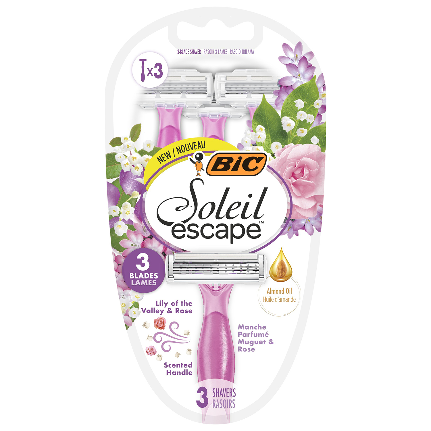 BIC Soleil Escape, maszynka do golenia dla kobiet, jednorazowa, trzyostrzowa, Lily of the Valley & Rose, 3 sztuki