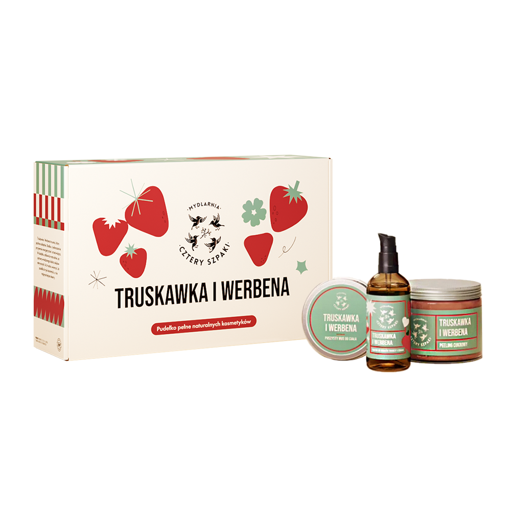 Zestaw Cztery Szpaki Truskawka i Werbena, olejek do masażu, 250 ml + peeling, 150 ml + mus do ciała, 150 ml