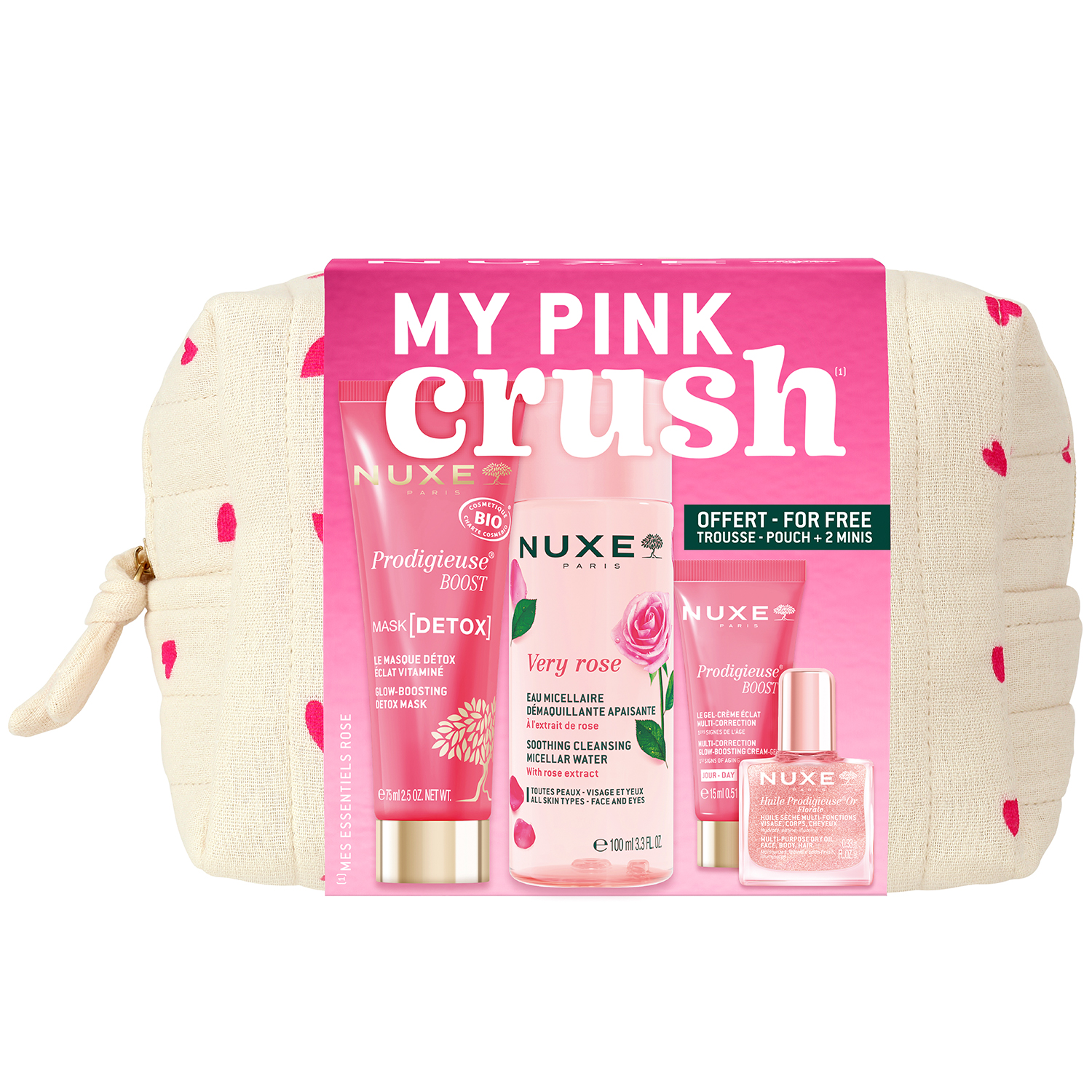 Zestaw Nuxe My Pink Crush, maska, 75 ml + woda micelarna, 100 ml + krem, 15 ml + Or Florale suchy olejek, 10 ml + kosmetyczka