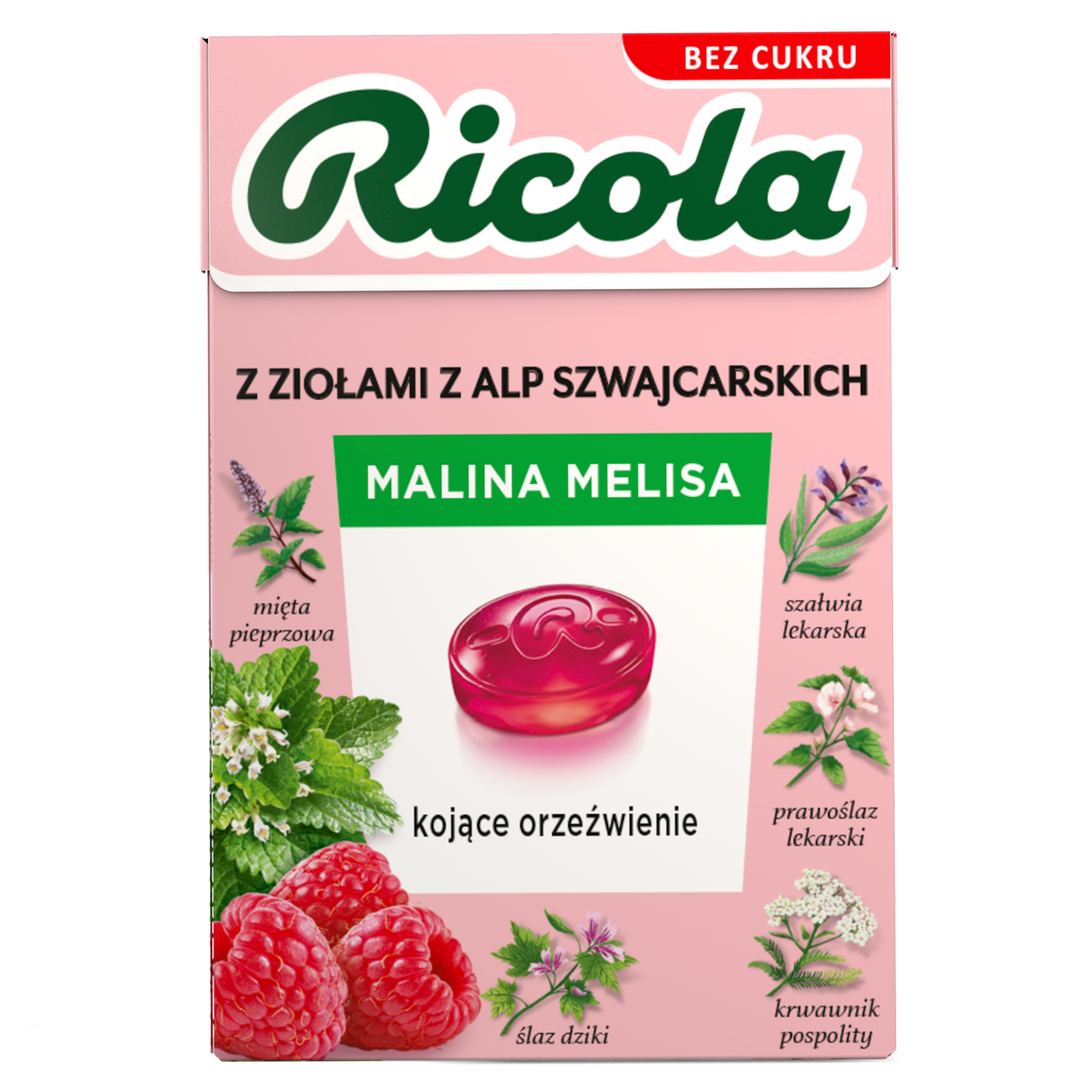 Ricola Malina i Melisa, szwajcarskie cukierki ziołowe, bez cukru, 27,5 g