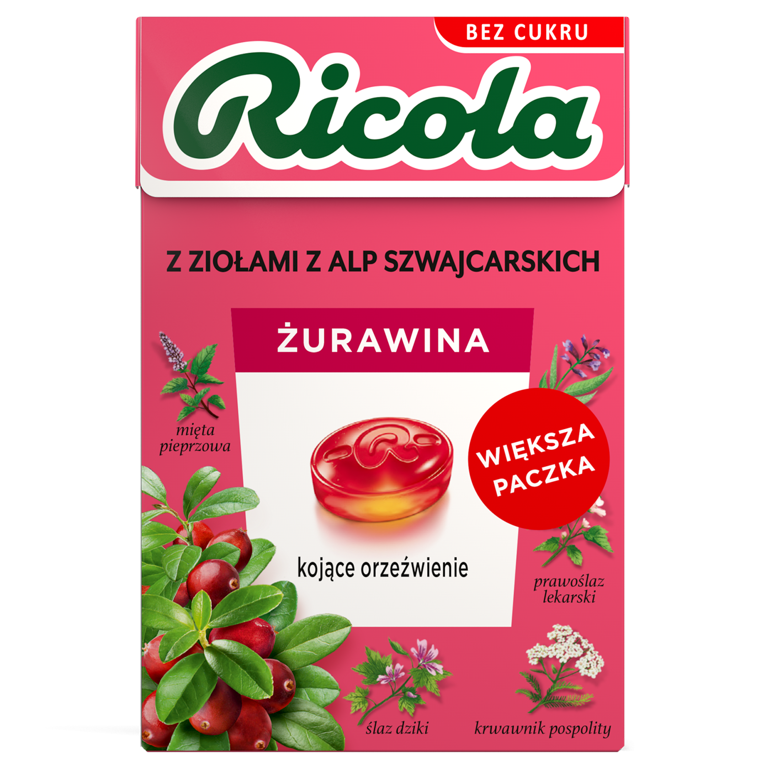Ricola Żurawina, szwajcarskie cukierki ziołowe, bez cukru, 40 g
