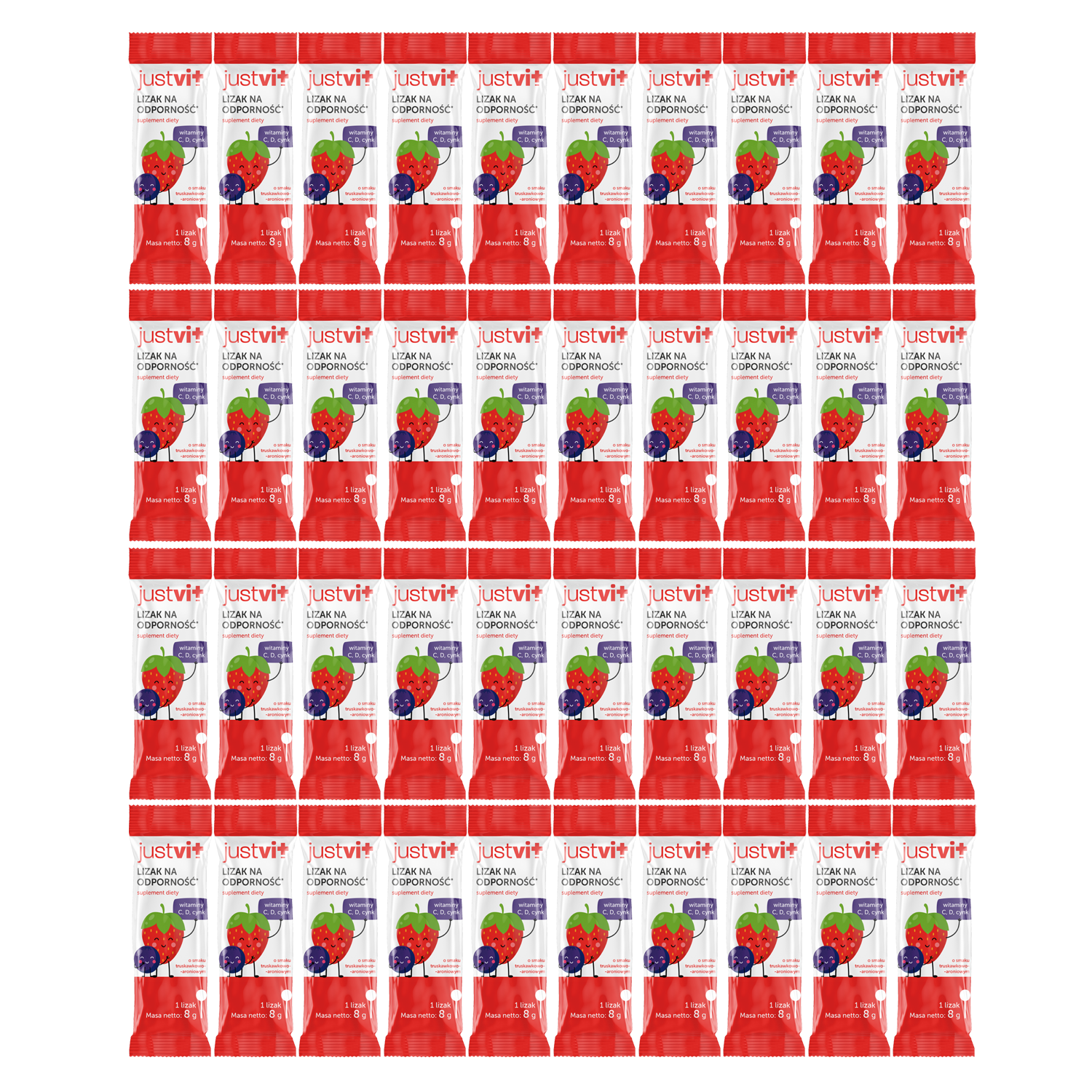 JustVit Lizak na odporność, bez dodatku cukru, od 3 lat, smak truskawkowo-aroniowy, 40 sztuk