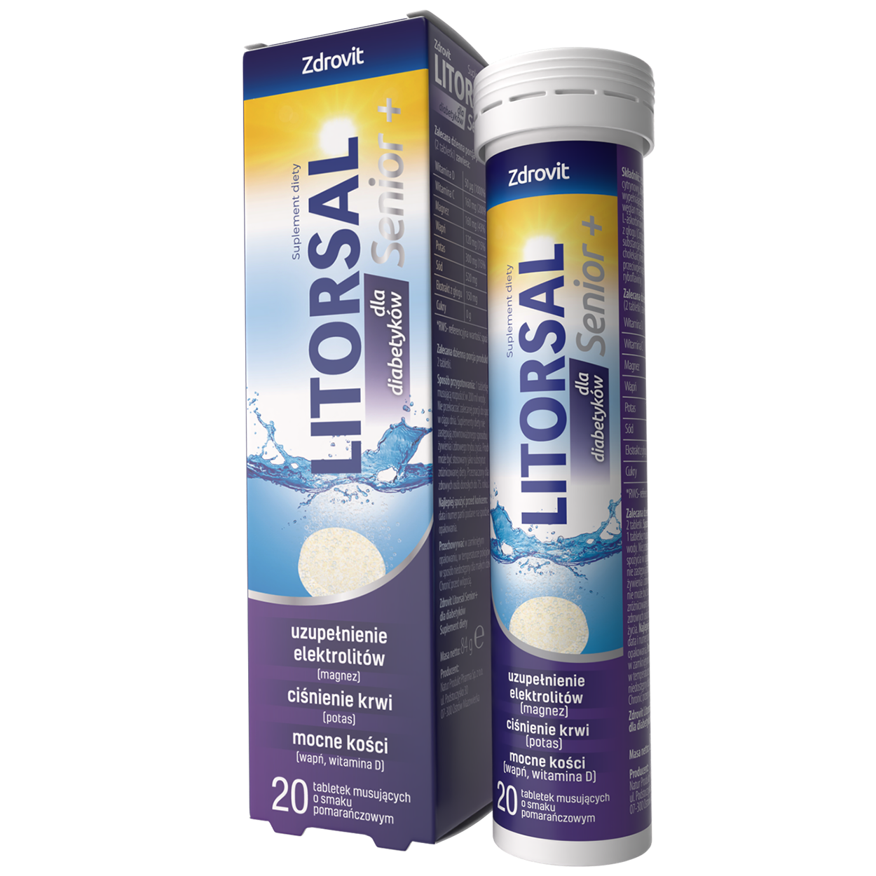 Zdrovit Litorsal Senior+, dla diabetyków, smak pomarańczowy, 20 tabletek musujących