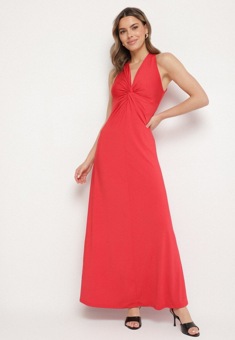 Czerwona Rozkloszowana Sukienka Bez Rękawów z Wiskozą Zdobiona Marszczeniem Folenissa