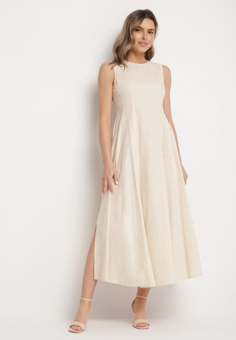 Jasnobeżowa Rozkloszowana Sukienka z Bawełną i Wiskozą Ozdobiona Rozcięciem na Nogę Devirael