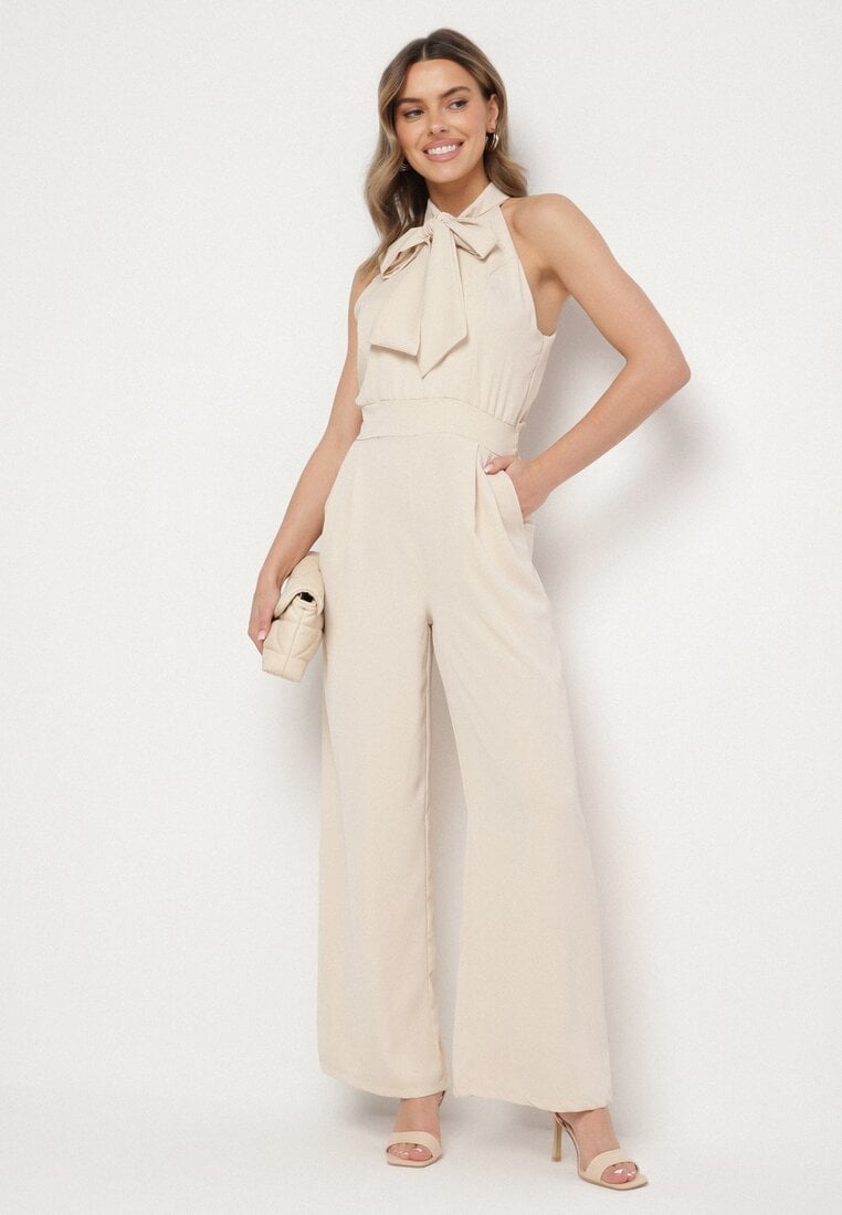 Beżowy Kombinezon z Ozdobną Kokardą Nelifira