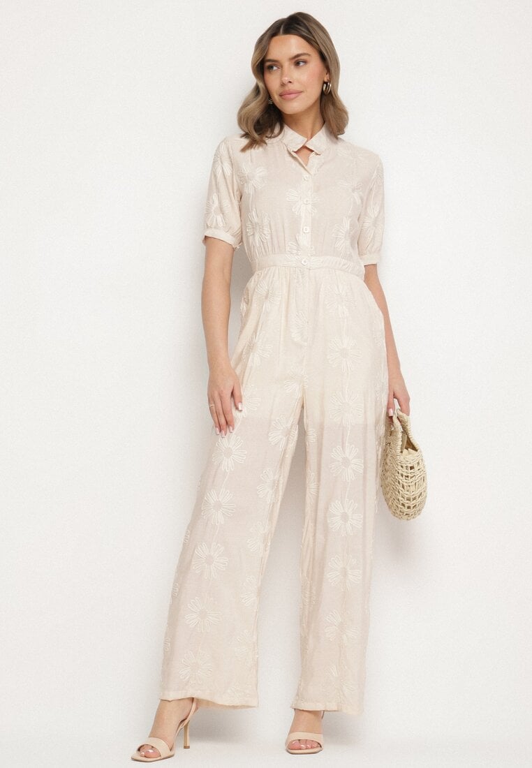 Beżowy Wiskozowy Kombinezon o Koszulowym Kroju z Krótkim Rękawem i Kieszeniami Milaviela