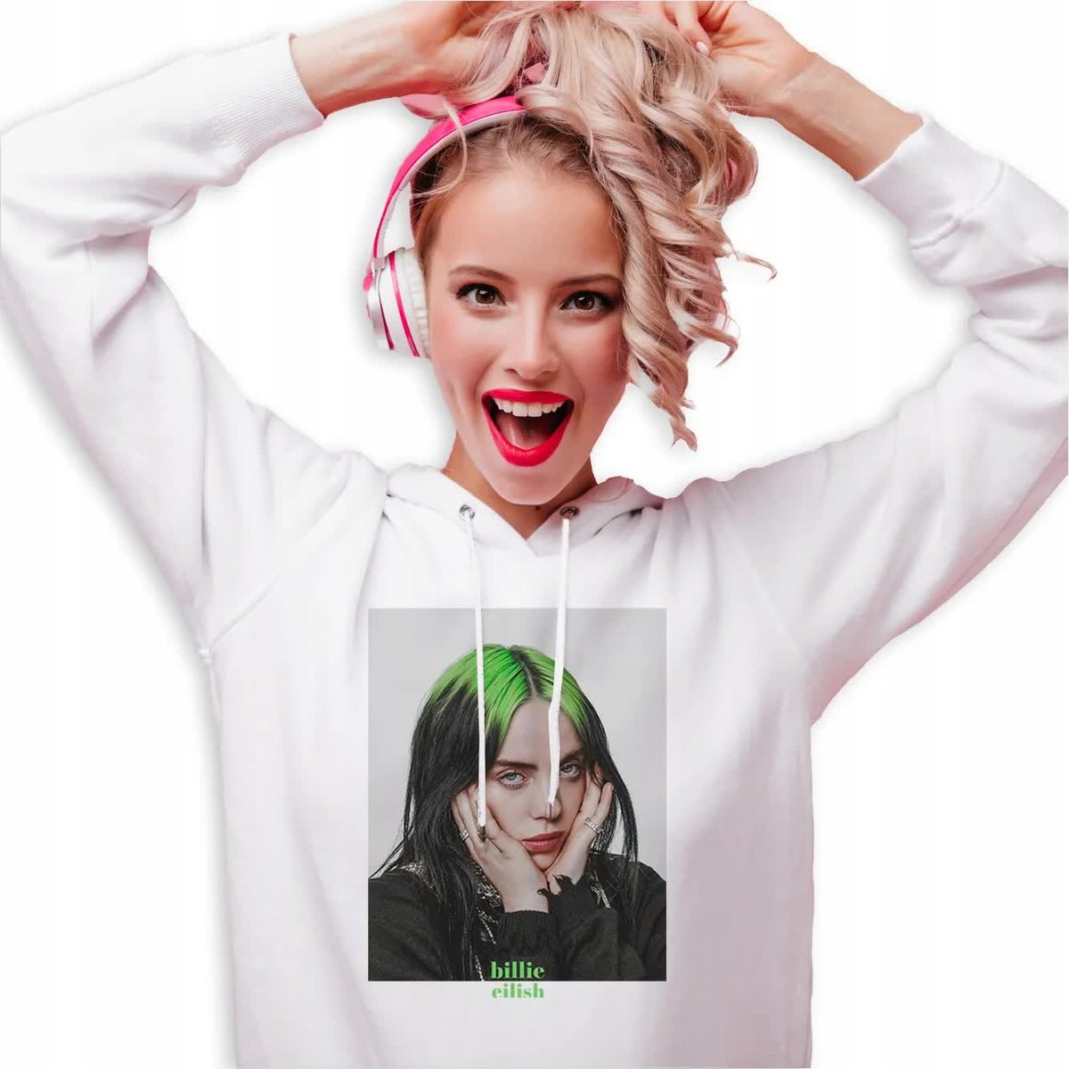 Bluza Z Kapturem Damska Biała Dla Fana Na Koncert Billie Eilish Wzory - S
