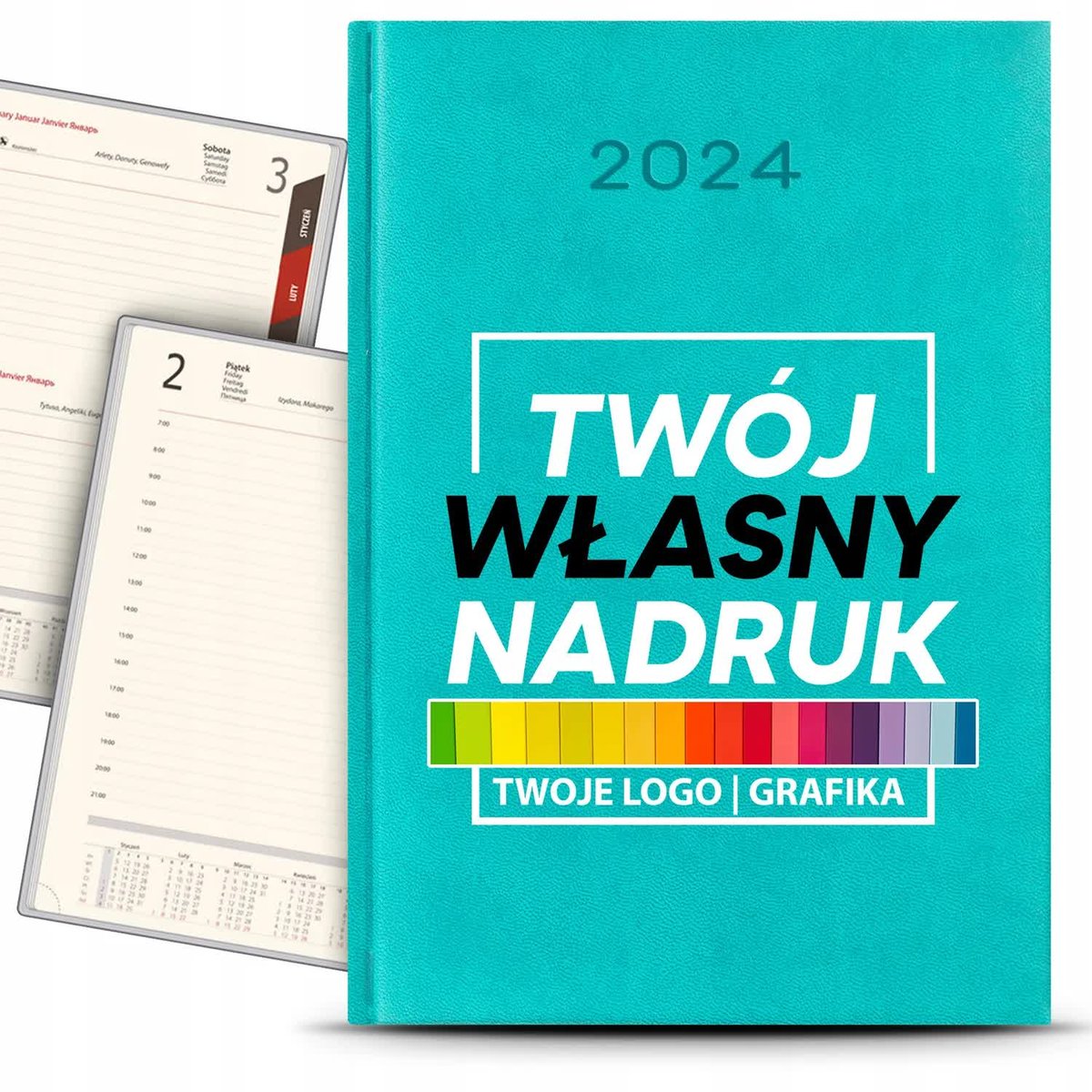 KALENDARZ Książkowy Dzienny A5 2024 Własny Nadruk LOGO Grafika Turkusowy