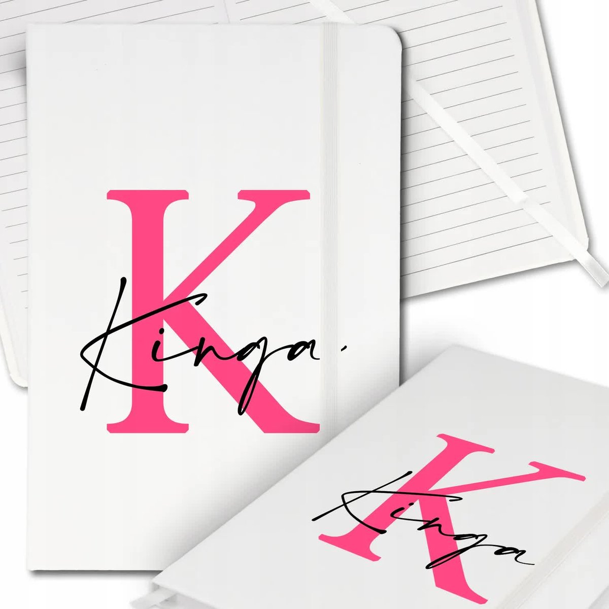 Notes Notatnik Biały A5 Dziennilk z Gumką w Linie TWÓJ INICJAŁ IMIĘ Wzory