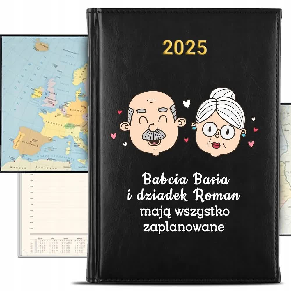 KALENDARZ 2025 Rok Książkowy Czarny Planer Dla BABCI I DZIADKA IMIĘ KREATOR