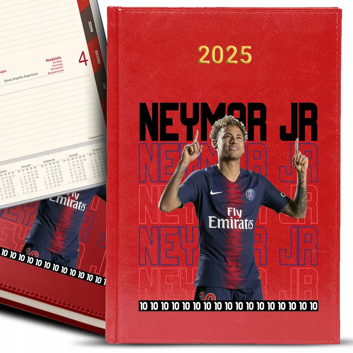 KALENDARZ A5 2025 Czerwony Urodziny Dla Fana Piłki Nożnej NEYMAR JR Wzory