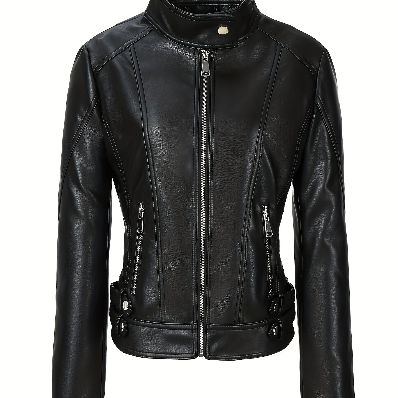 TEMU Damska Kurtka Motocyklowa Casual, Czterosezonowa Minimalistyczna Kurtka z Ekoskóry, Damska Kurtka z Stojącym Kołnierzem i Zamkiem, Długi Rękaw,