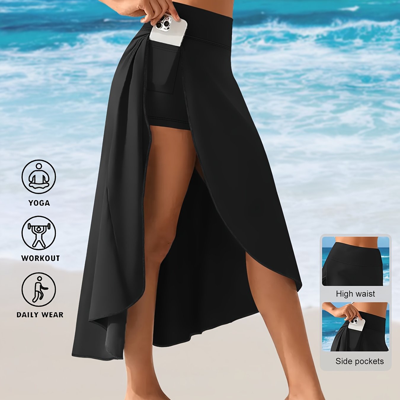 TEMU Kolekcja Wiosna- - Gładkie, Szybkoschnące Spodnie-Sukienka z Kieszeniami, Wysokim Stanem i Bocznym Rozcięciem