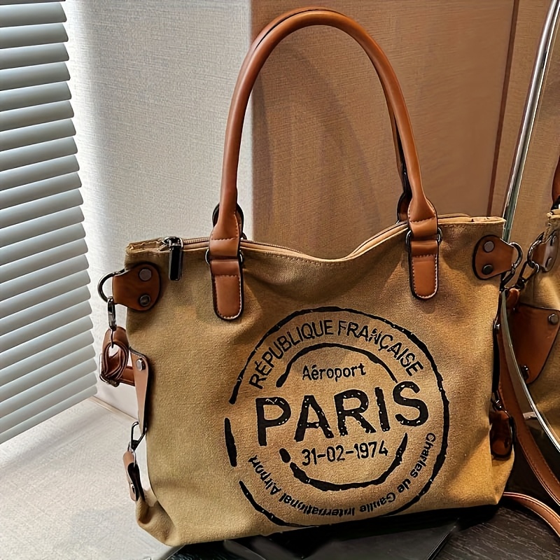 TEMU Torba typu tote w stylu vintage Paris z regulowanym paskiem, duża pojemność, zapięcie na zamek błyskawiczny, poliestrowa podszewka - idealna do